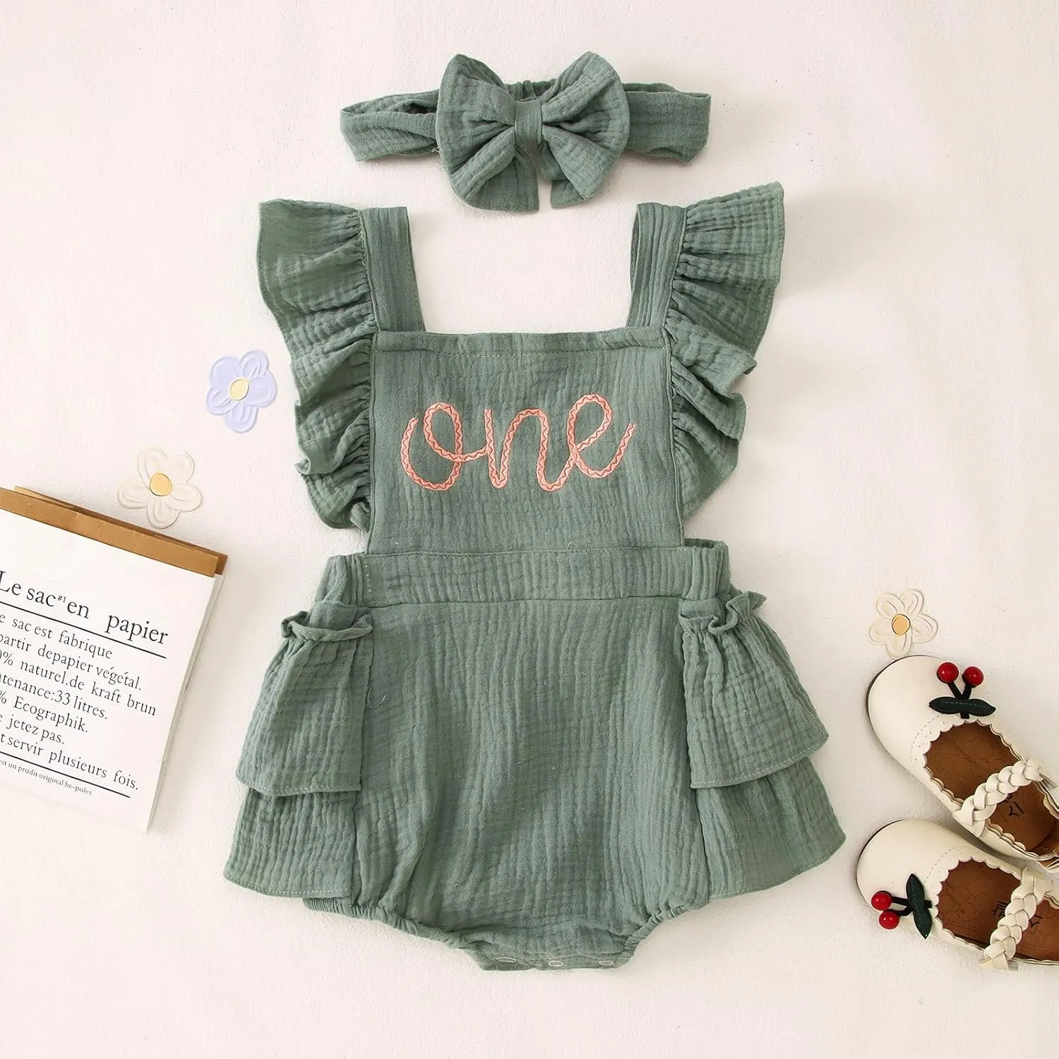 BOUTIKOME Baby 1st Birthday Girl Outfits Embroidery One Romper Ruffle Sleeve Onesie 1 Year Old Bodysuit Headband Clothes Set