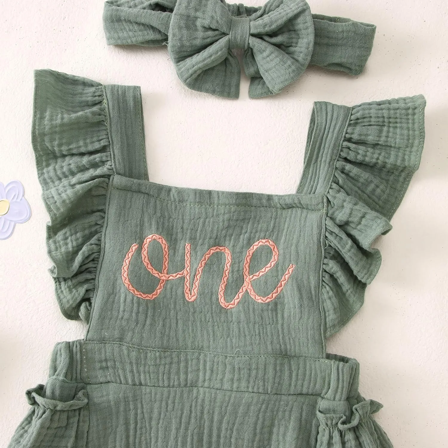BOUTIKOME Baby 1st Birthday Girl Outfits Embroidery One Romper Ruffle Sleeve Onesie 1 Year Old Bodysuit Headband Clothes Set