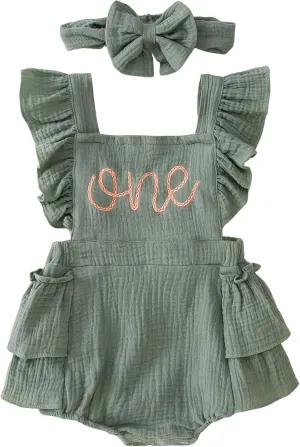 BOUTIKOME Baby 1st Birthday Girl Outfits Embroidery One Romper Ruffle Sleeve Onesie 1 Year Old Bodysuit Headband Clothes Set
