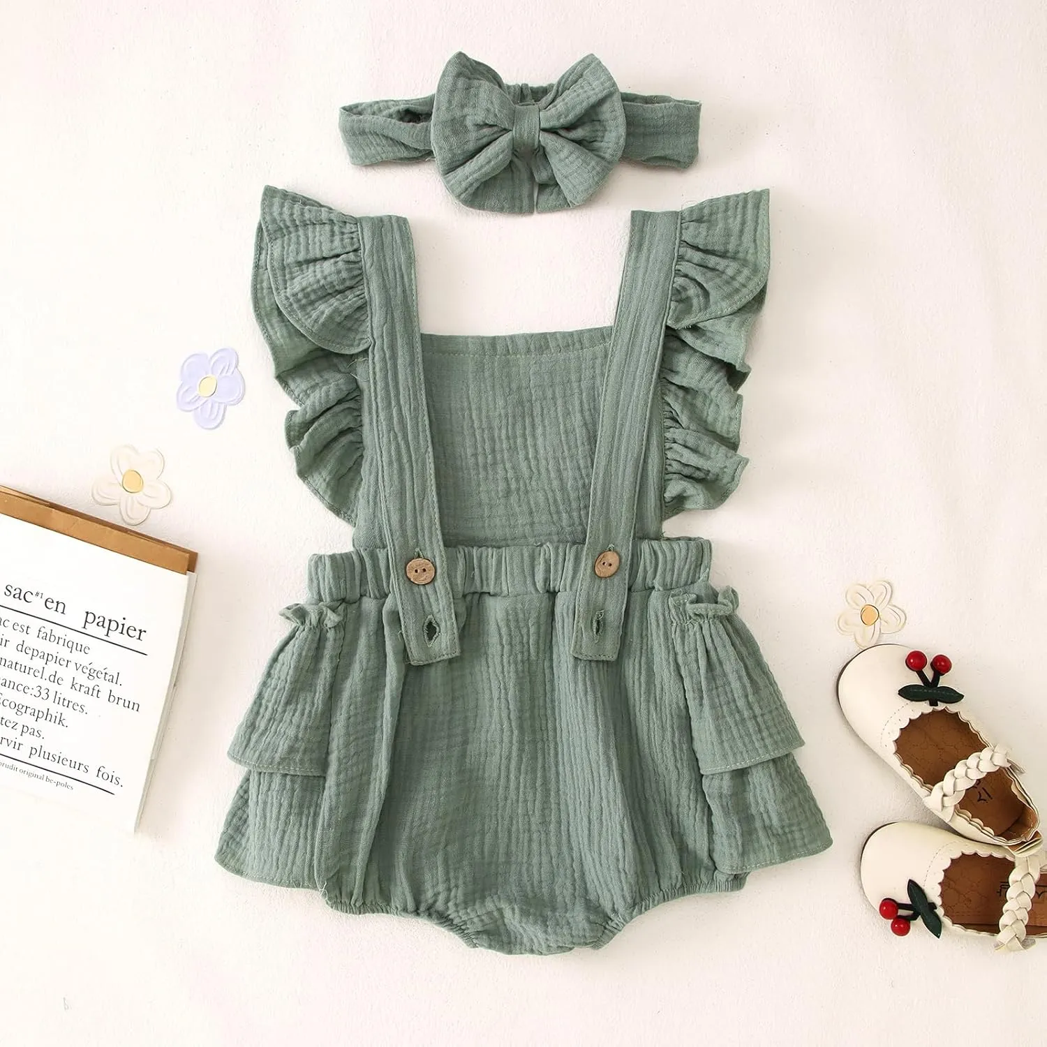BOUTIKOME Baby 1st Birthday Girl Outfits Embroidery One Romper Ruffle Sleeve Onesie 1 Year Old Bodysuit Headband Clothes Set