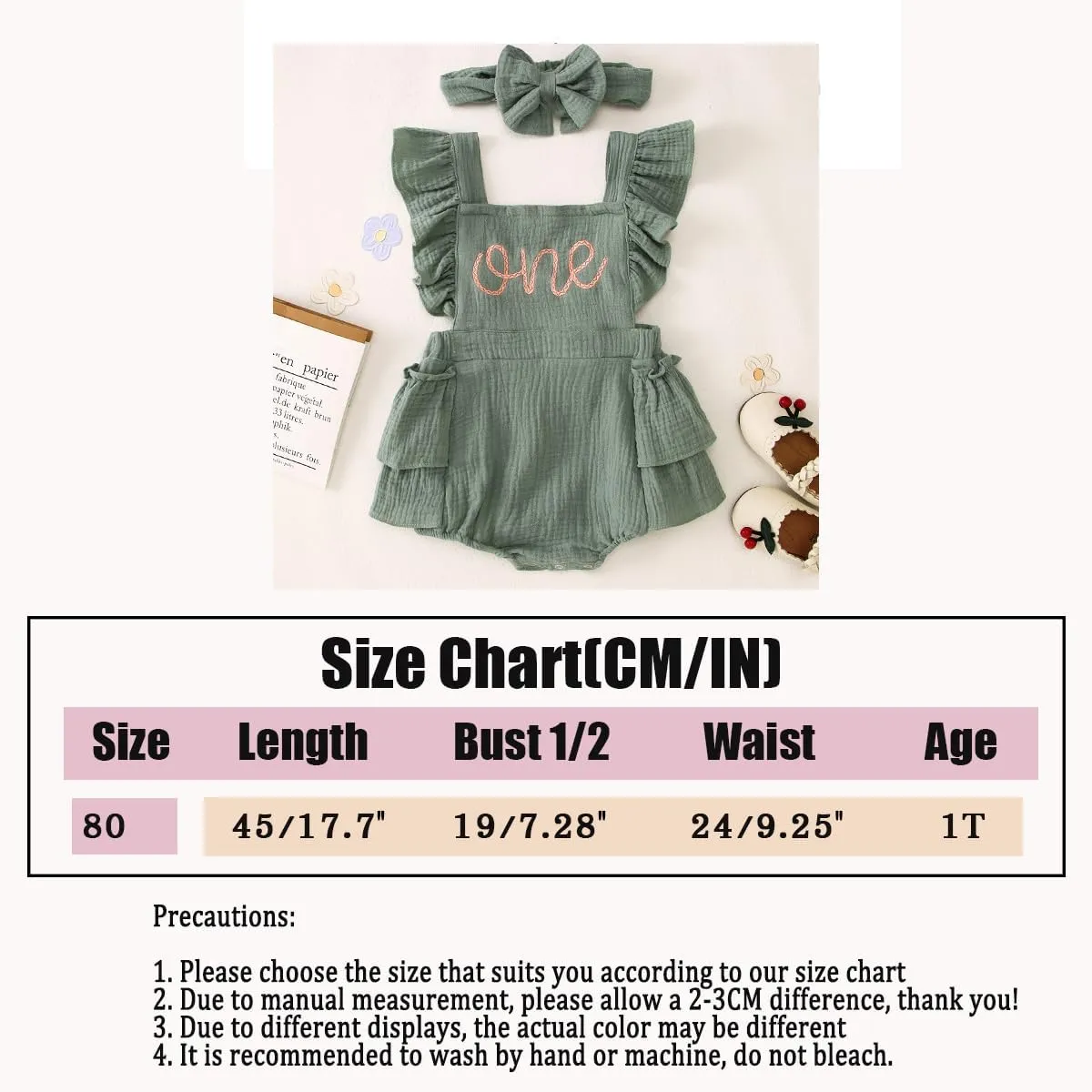 BOUTIKOME Baby 1st Birthday Girl Outfits Embroidery One Romper Ruffle Sleeve Onesie 1 Year Old Bodysuit Headband Clothes Set