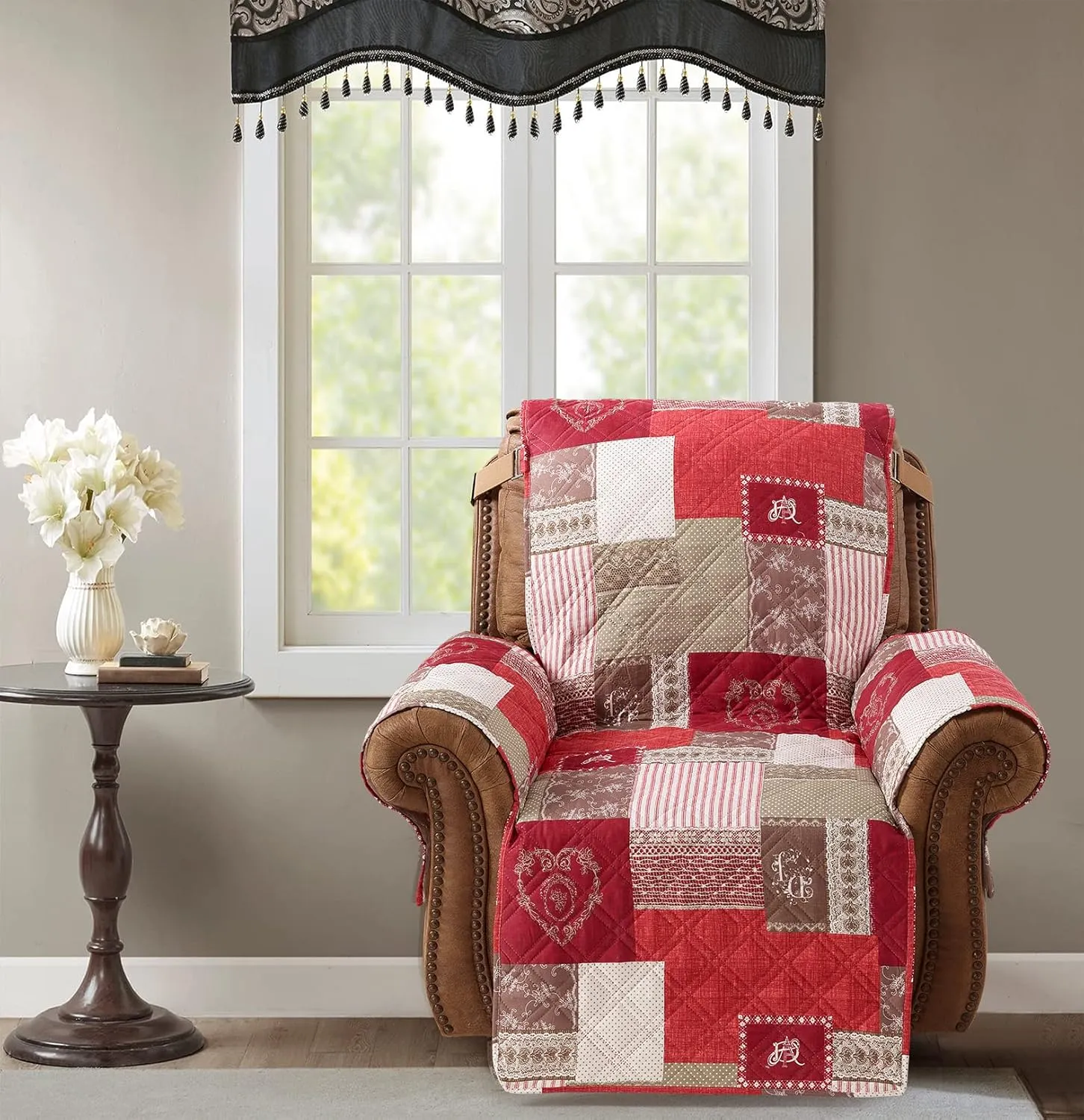 Brilliant Sunshine Burgundy Heart Love Patchwork Quilted Recliner Slipcover, 26" Seat Width, Slip Resistant Furniture Protector, 2" Strap, Washable Reclining Chair Cover for Kids, Dogs, Cats, Burgundy