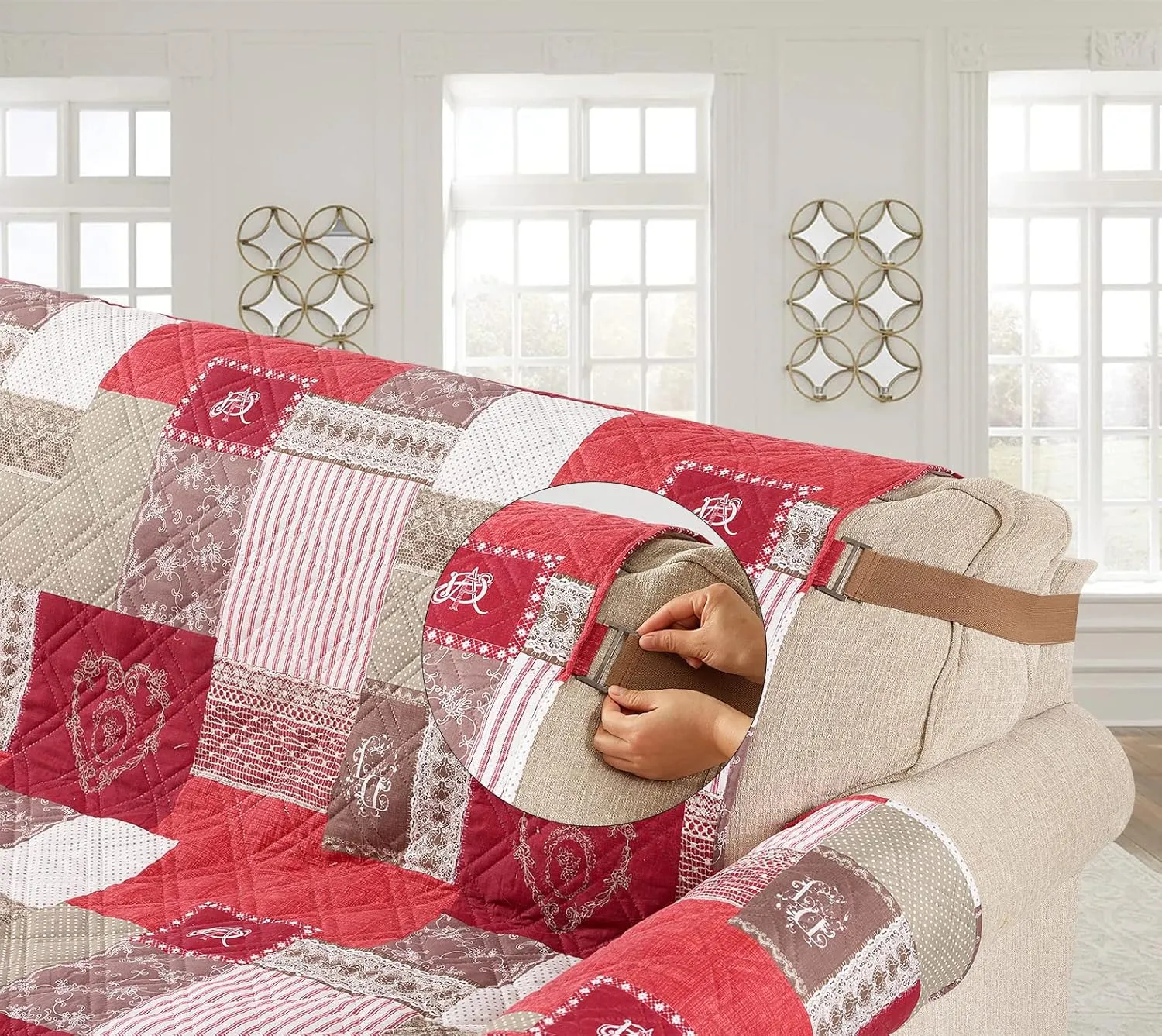 Brilliant Sunshine Burgundy Heart Love Patchwork Quilted Recliner Slipcover, 26" Seat Width, Slip Resistant Furniture Protector, 2" Strap, Washable Reclining Chair Cover for Kids, Dogs, Cats, Burgundy