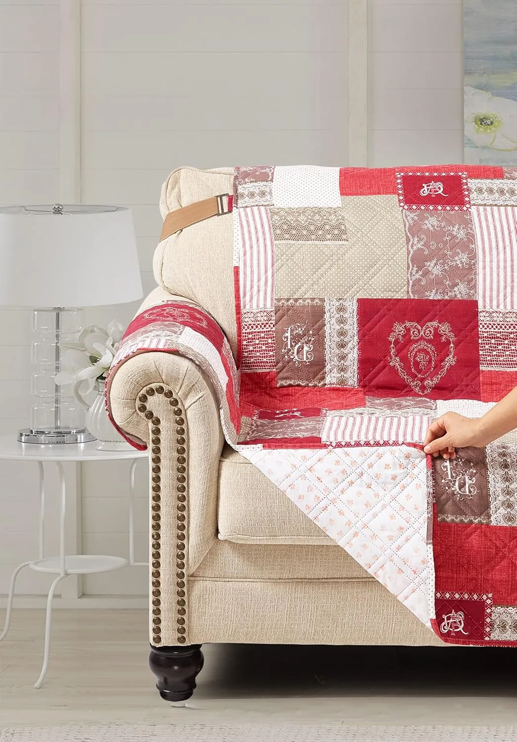 Brilliant Sunshine Burgundy Heart Love Patchwork Quilted Recliner Slipcover, 26" Seat Width, Slip Resistant Furniture Protector, 2" Strap, Washable Reclining Chair Cover for Kids, Dogs, Cats, Burgundy