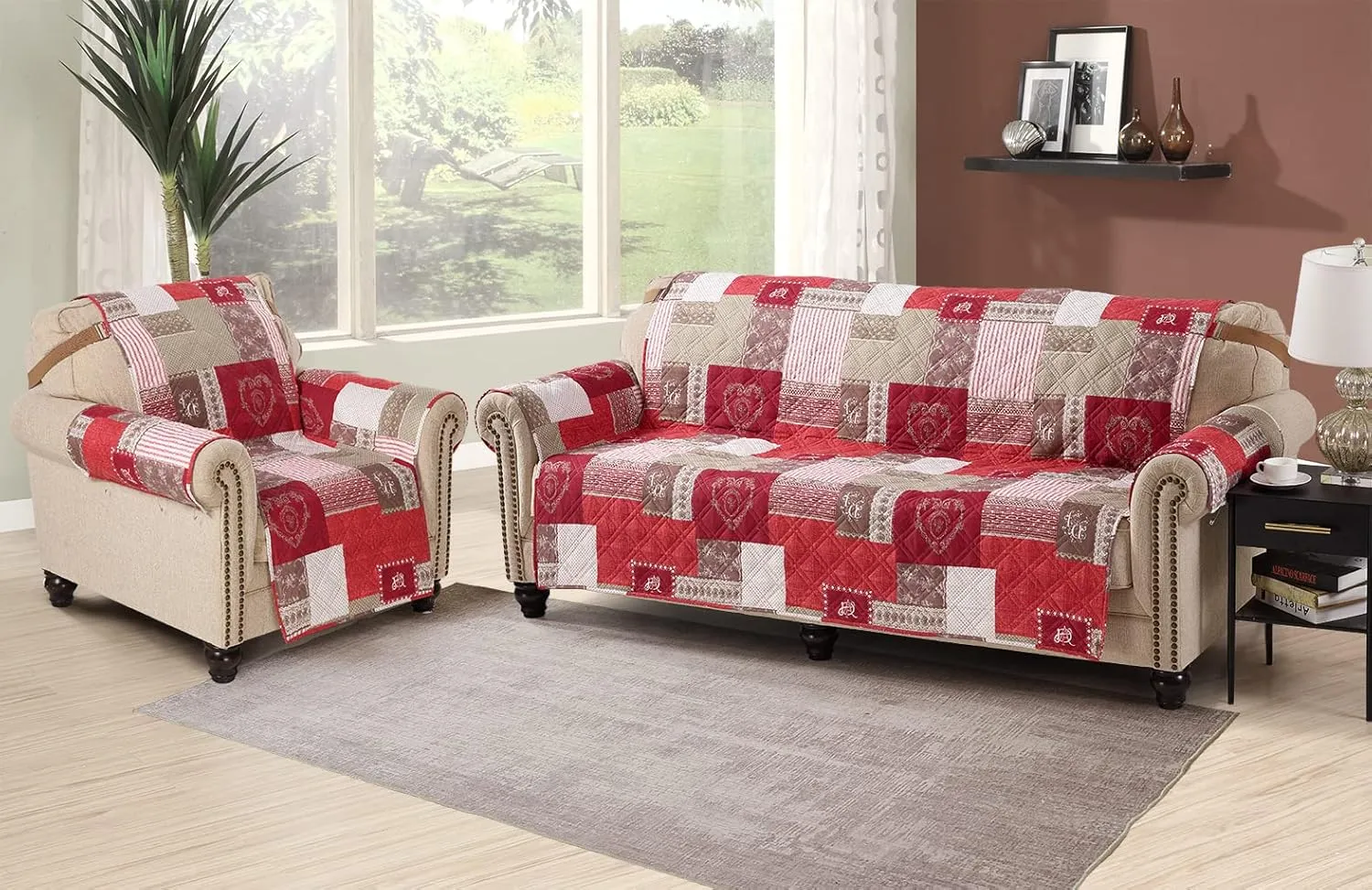 Brilliant Sunshine Burgundy Heart Love Patchwork Quilted Recliner Slipcover, 26" Seat Width, Slip Resistant Furniture Protector, 2" Strap, Washable Reclining Chair Cover for Kids, Dogs, Cats, Burgundy