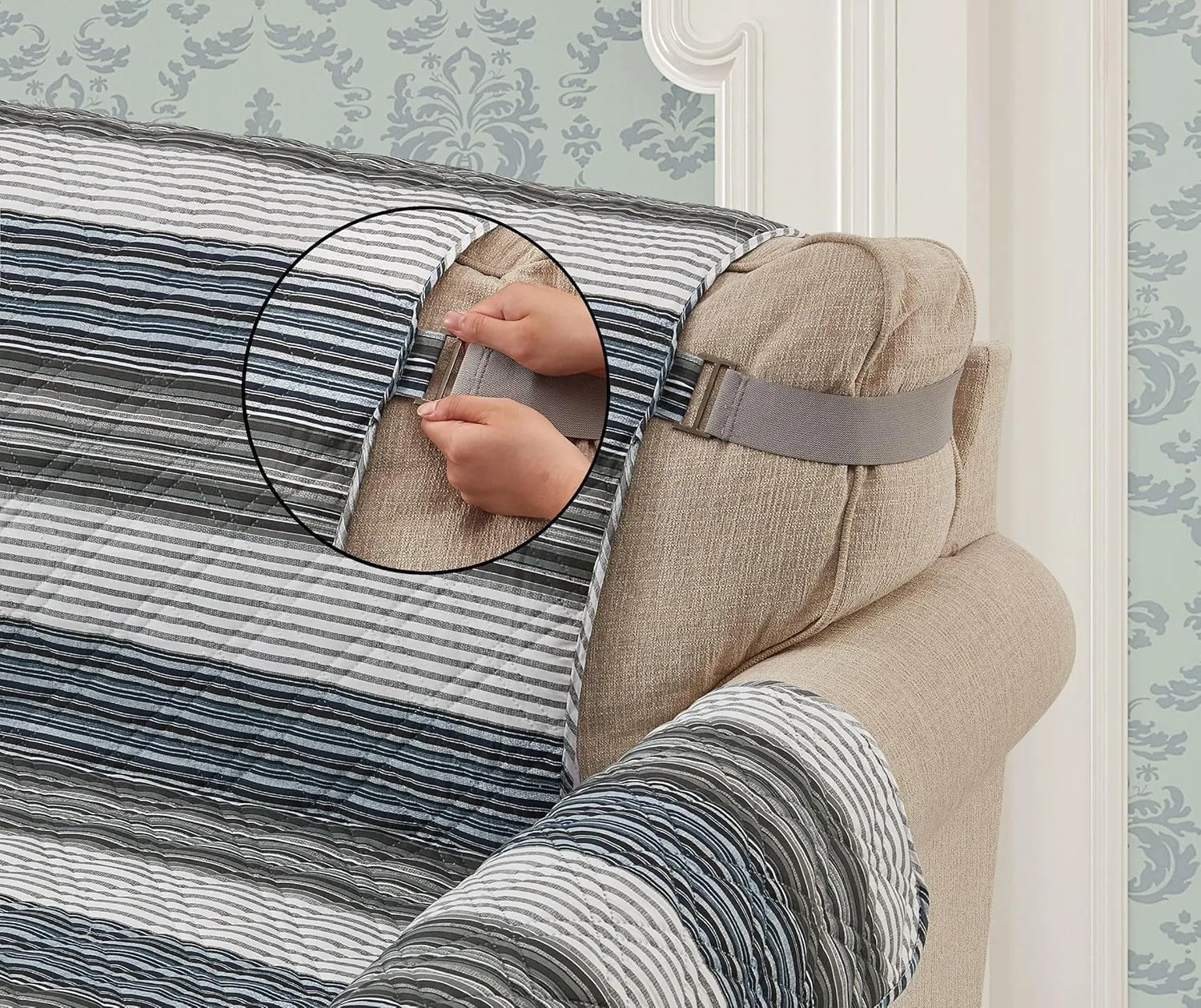 Brilliant Sunshine Multi Grey Stripes Patchwork Couch Cover, Quilted Large Sofa Slipcover, 70" Seat Width, Slip Resistant Furniture Protector, 2" Strap, Washable, for Pets, Kids, Dogs, Multi Grey