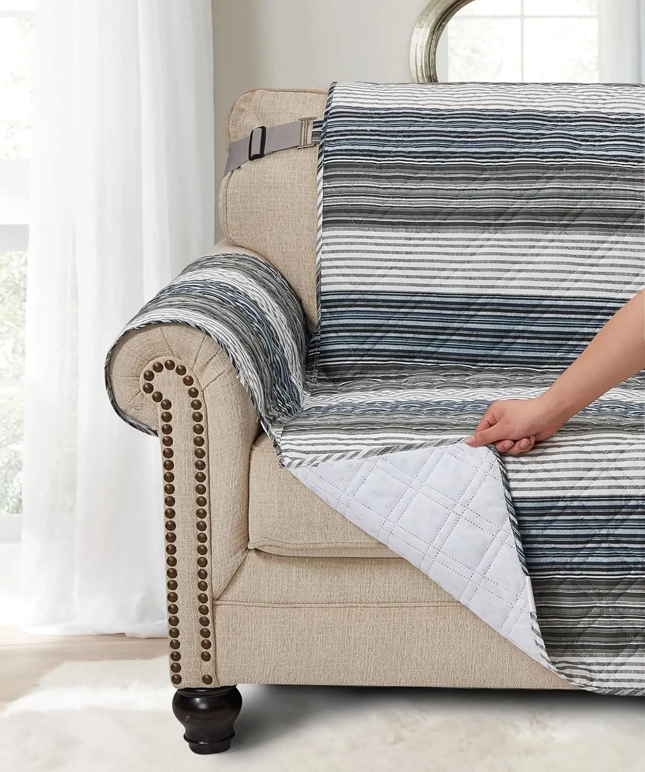 Brilliant Sunshine Multi Grey Stripes Patchwork Couch Cover, Quilted Large Sofa Slipcover, 70" Seat Width, Slip Resistant Furniture Protector, 2" Strap, Washable, for Pets, Kids, Dogs, Multi Grey