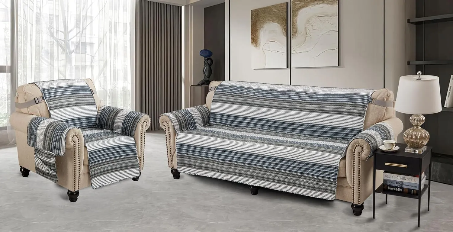 Brilliant Sunshine Multi Grey Stripes Patchwork Couch Cover, Quilted Large Sofa Slipcover, 70" Seat Width, Slip Resistant Furniture Protector, 2" Strap, Washable, for Pets, Kids, Dogs, Multi Grey