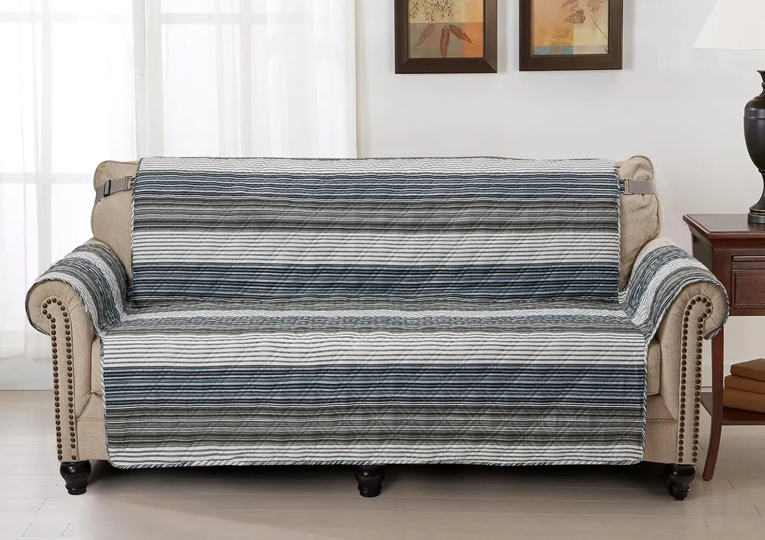 Brilliant Sunshine Multi Grey Stripes Patchwork Couch Cover, Quilted Large Sofa Slipcover, 70" Seat Width, Slip Resistant Furniture Protector, 2" Strap, Washable, for Pets, Kids, Dogs, Multi Grey