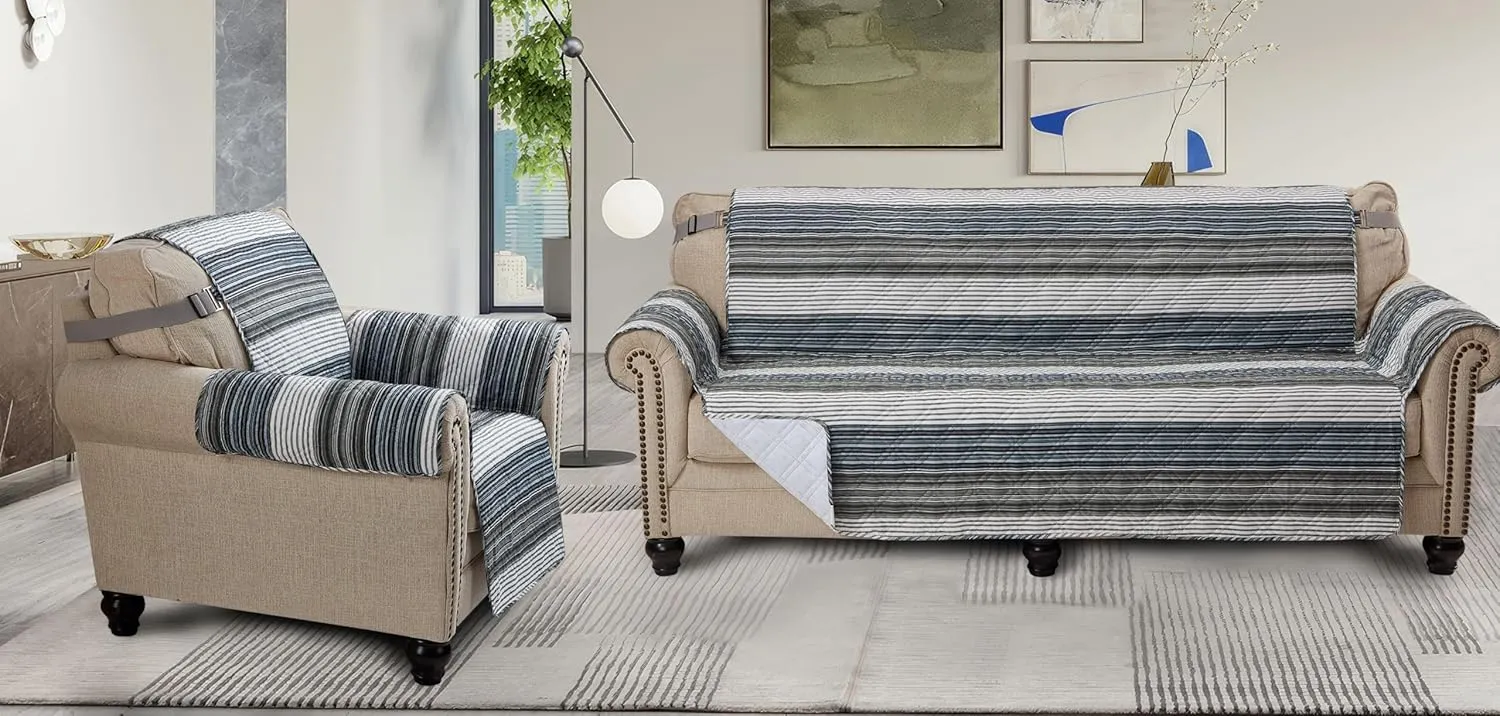 Brilliant Sunshine Multi Grey Stripes Patchwork Couch Cover, Quilted Large Sofa Slipcover, 70" Seat Width, Slip Resistant Furniture Protector, 2" Strap, Washable, for Pets, Kids, Dogs, Multi Grey
