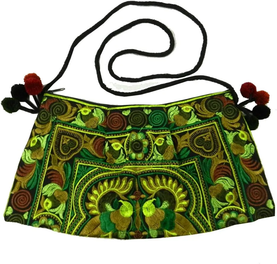BTP! HMONG Bag Swingpack Hill Tribe Ethnic Bird Embroidered Sling Crossbody Shoulder Purse Green HMSP6