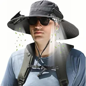 Bucket Hat with 2 Solar Power Fans for Men Women UPF 50  Outdoor Wide Brim Sun Fishing Hat - Removable & USB Charging Fan