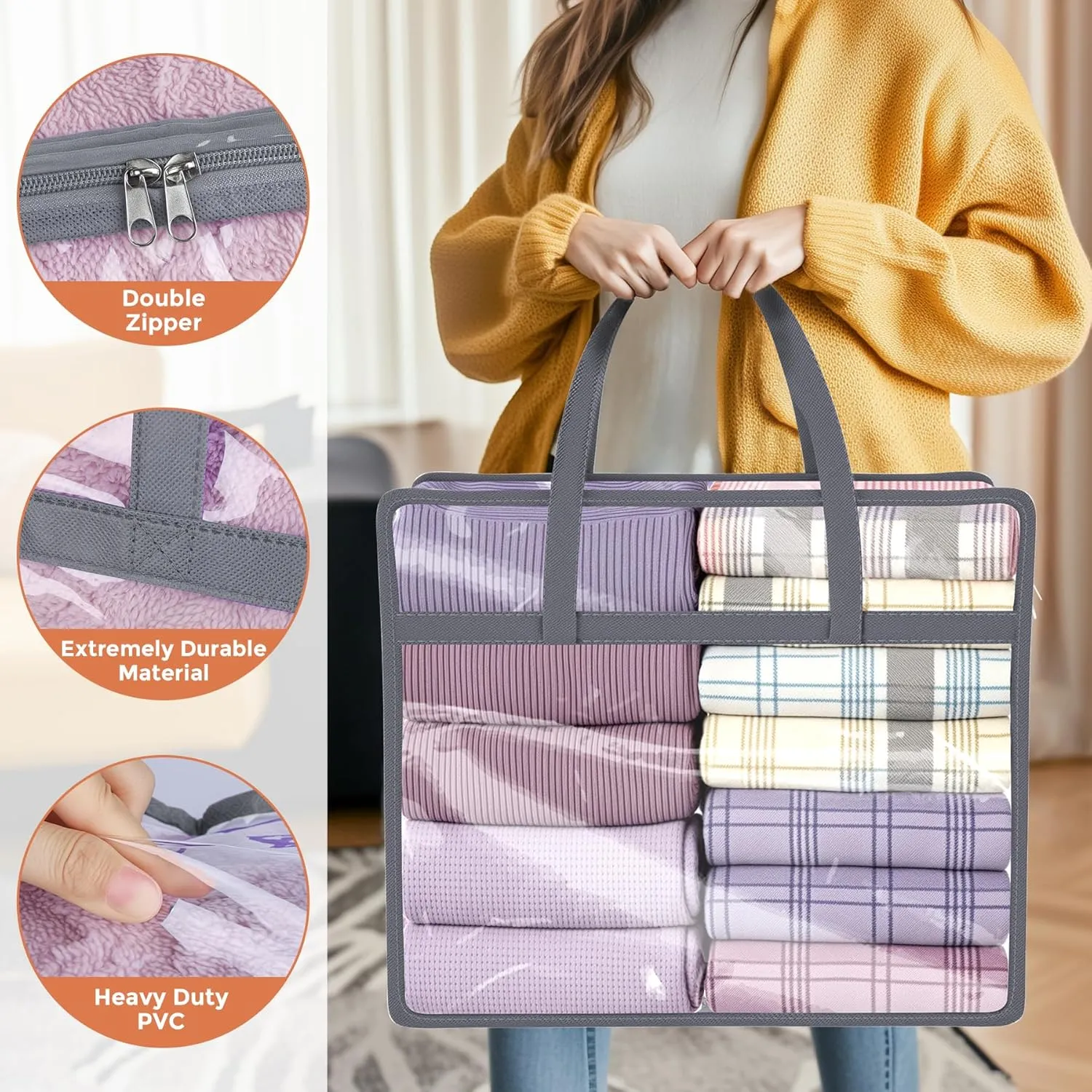 Budding Joy Clear Zippered Storage Bags for Clothes,40L Closet Organizers and Storage Containers Vinyl Moving Bag for Bedding, Linen, Blankets, Comforters, Clothing & Toys, Grey, 4 Pack
