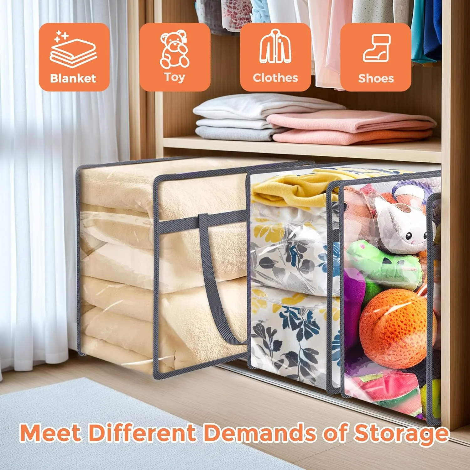 Budding Joy Clear Zippered Storage Bags for Clothes,40L Closet Organizers and Storage Containers Vinyl Moving Bag for Bedding, Linen, Blankets, Comforters, Clothing & Toys, Grey, 4 Pack