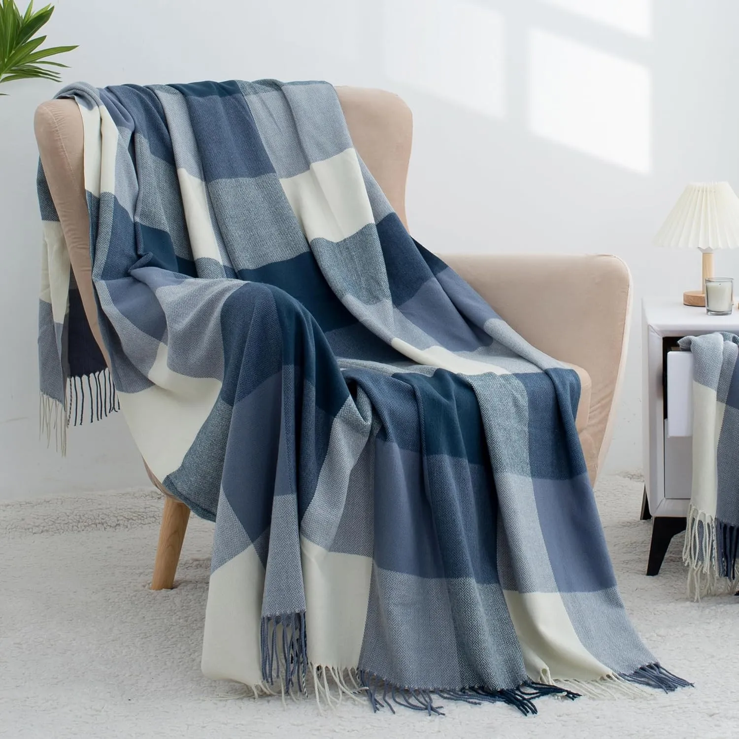 Buffalo Plaid Twin Blanket for Couch with Tassels,60"X80" Soft Lightweight Knitted Boho Decorative Blankets for Bed and Sofa Blue