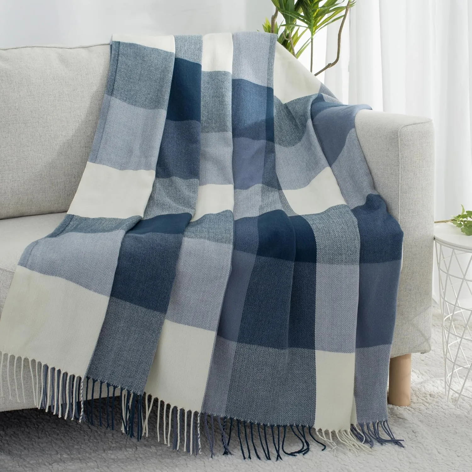 Buffalo Plaid Twin Blanket for Couch with Tassels,60"X80" Soft Lightweight Knitted Boho Decorative Blankets for Bed and Sofa Blue