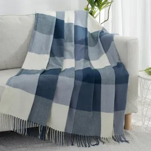 Buffalo Plaid Twin Blanket for Couch with Tassels,60"X80" Soft Lightweight Knitted Boho Decorative Blankets for Bed and Sofa Blue