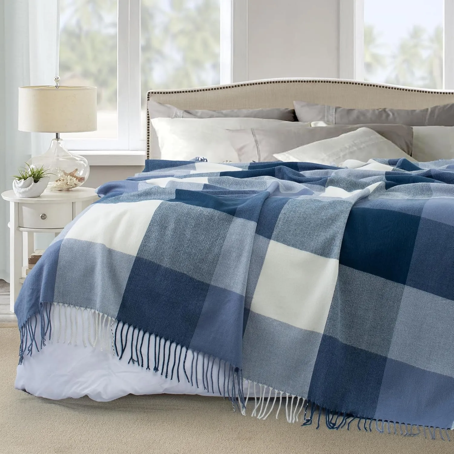 Buffalo Plaid Twin Blanket for Couch with Tassels,60"X80" Soft Lightweight Knitted Boho Decorative Blankets for Bed and Sofa Blue