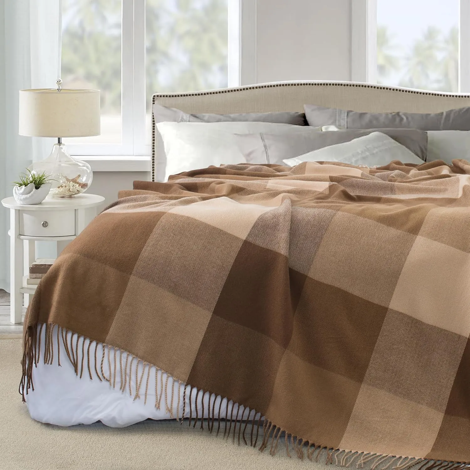 Buffalo Plaid Twin Blanket for Couch with Tassels,60"X80" Soft Lightweight Knitted Boho Decorative Blankets for Bed and Sofa Camel