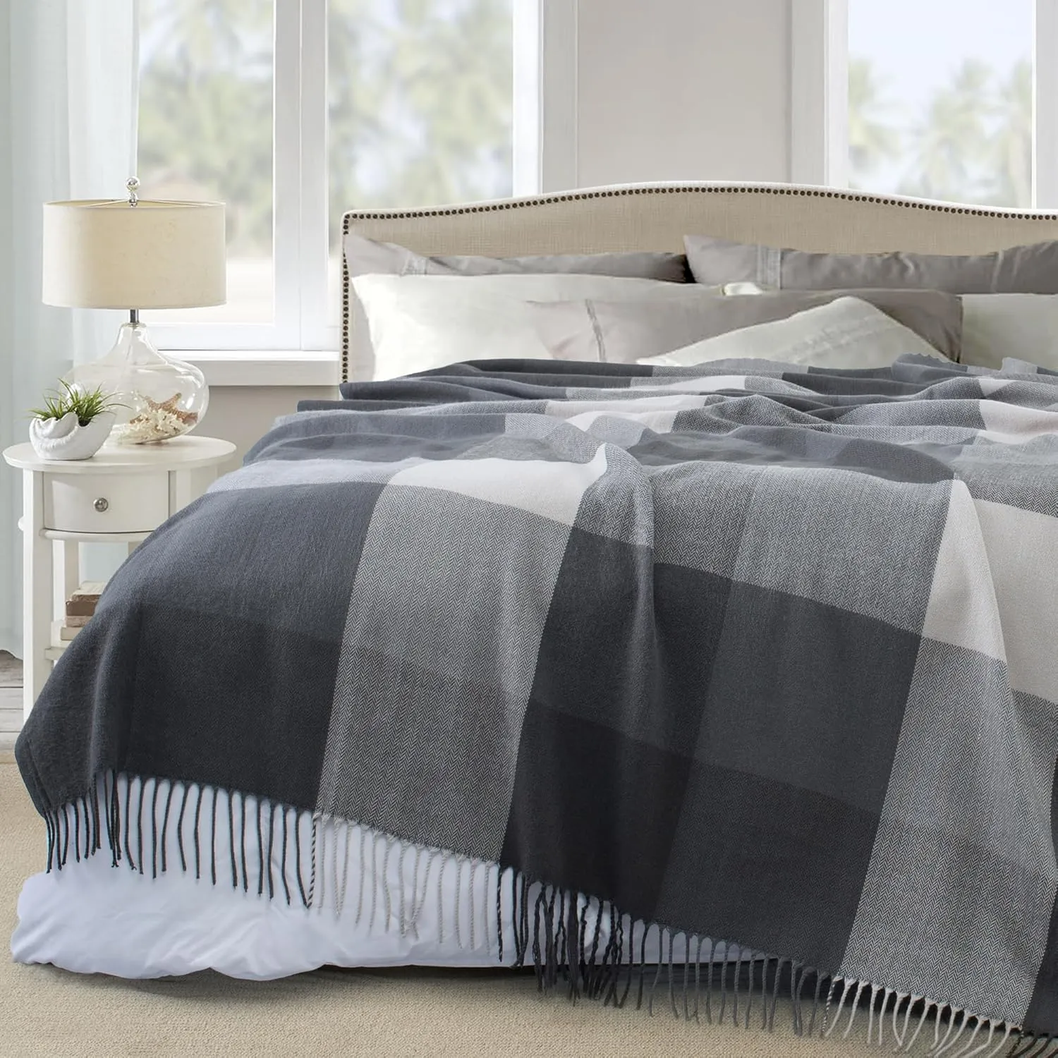 Buffalo Plaid Twin Blanket for Couch with Tassels,60"X80" Soft Lightweight Knitted Boho Decorative Blankets for Bed and Sofa Silver
