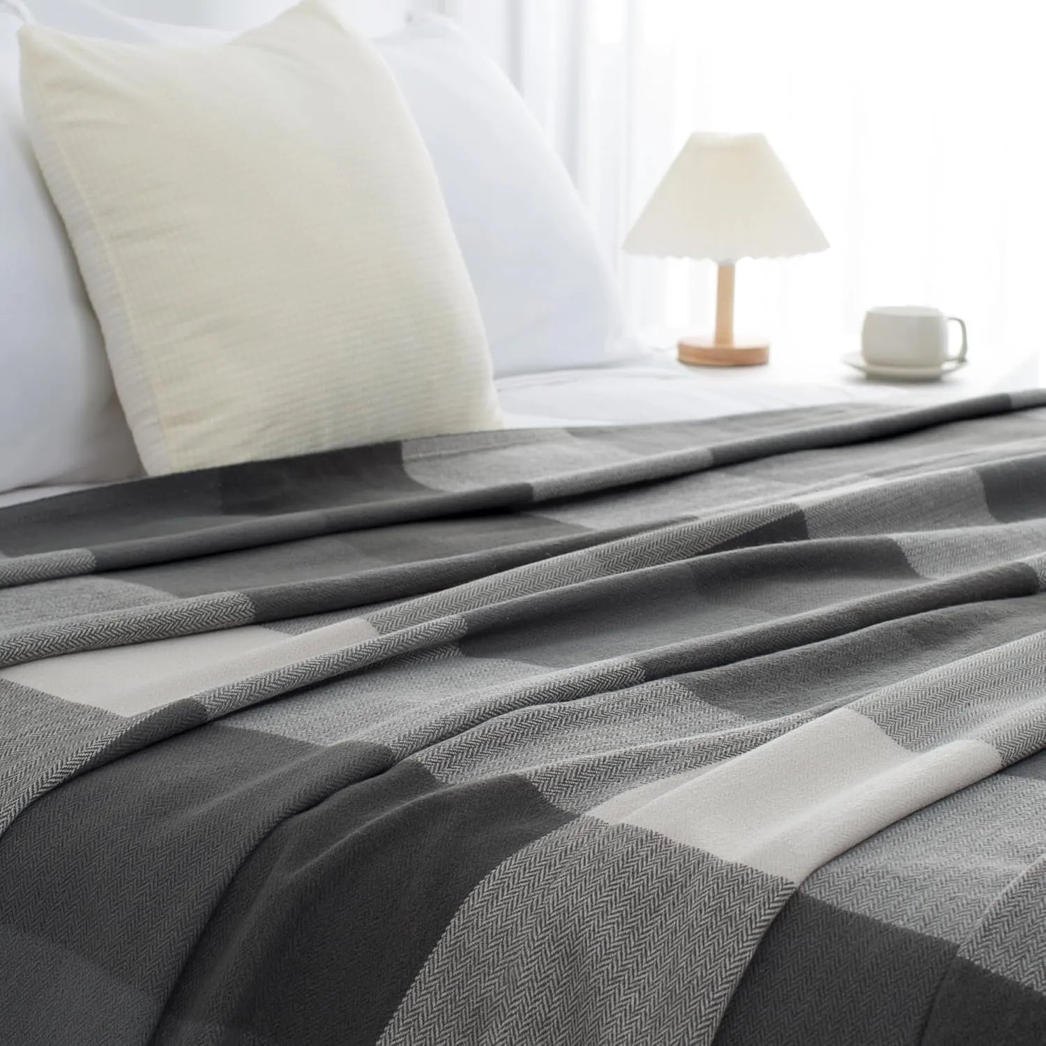 Buffalo Plaid Twin Blanket for Couch with Tassels,60"X80" Soft Lightweight Knitted Boho Decorative Blankets for Bed and Sofa Silver