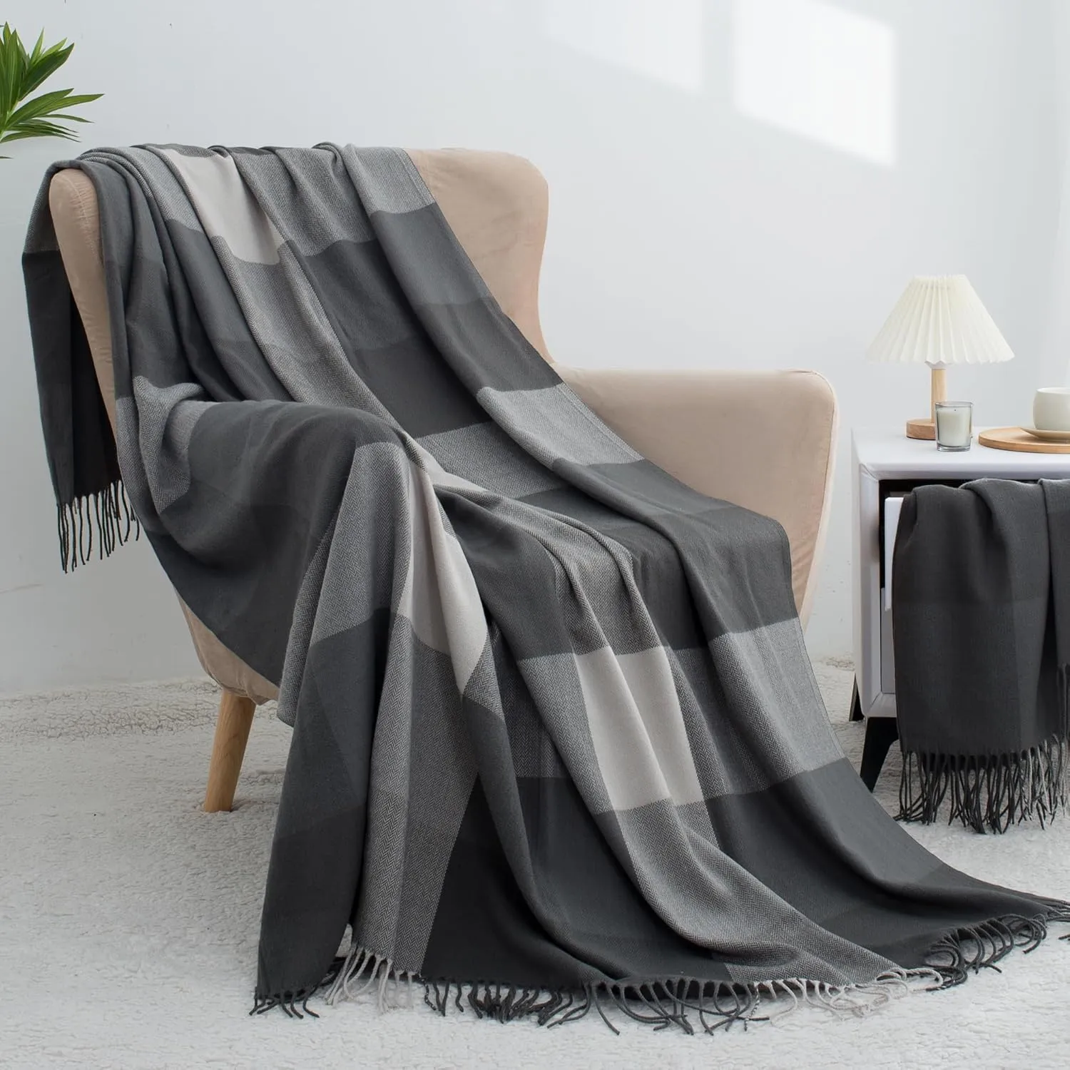 Buffalo Plaid Twin Blanket for Couch with Tassels,60"X80" Soft Lightweight Knitted Boho Decorative Blankets for Bed and Sofa Silver