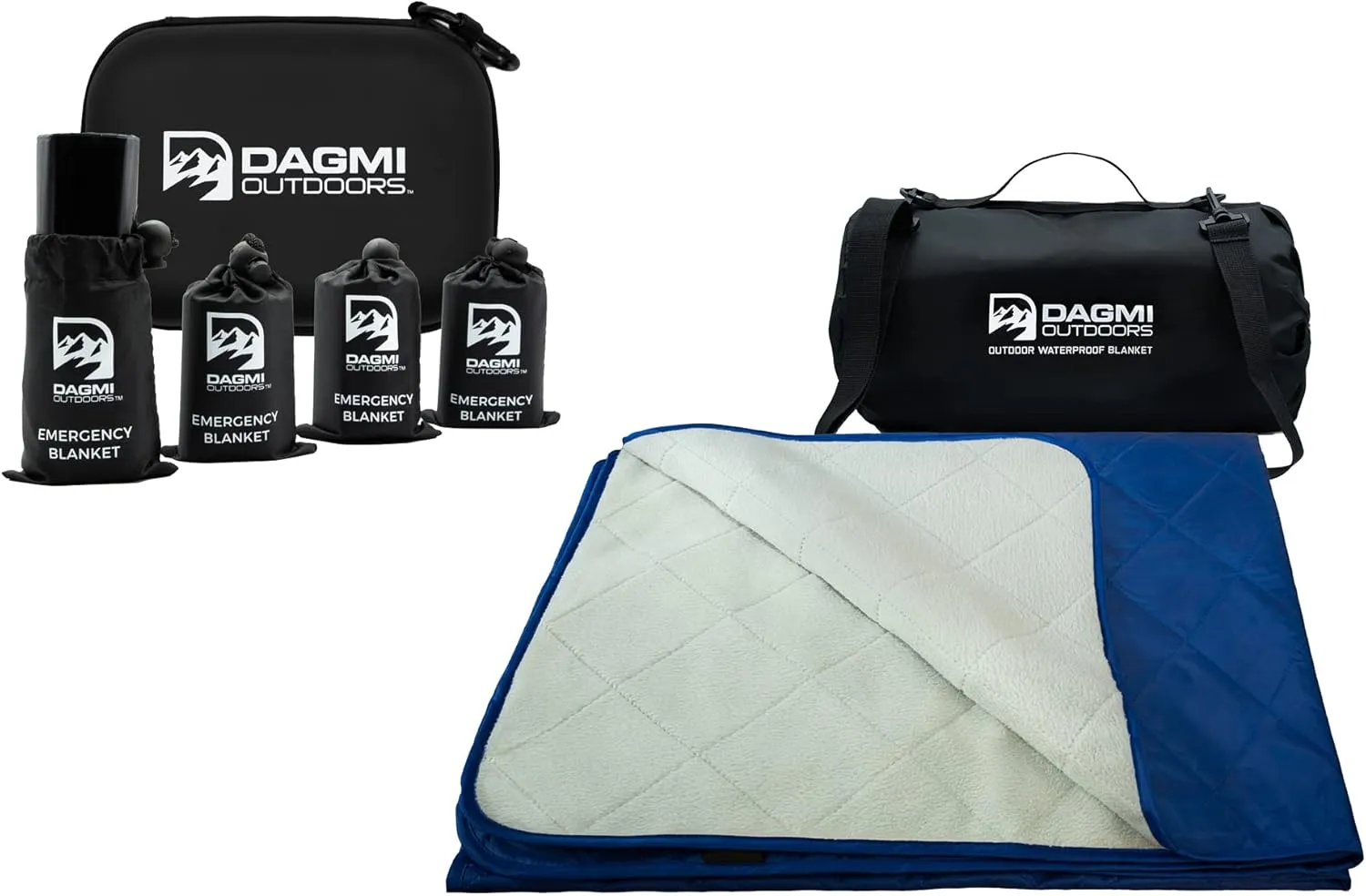 Bundle - 2 Items: Blue/Grey Outdoor Waterproof Blanket - Large Fleece Stadium & Camping Blanket for Cold Weather & Black Emergency Thermal Survival Blanket 4 Pack