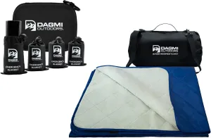 Bundle - 2 Items: Blue/Grey Outdoor Waterproof Blanket - Large Fleece Stadium & Camping Blanket for Cold Weather & Black Emergency Thermal Survival Blanket 4 Pack