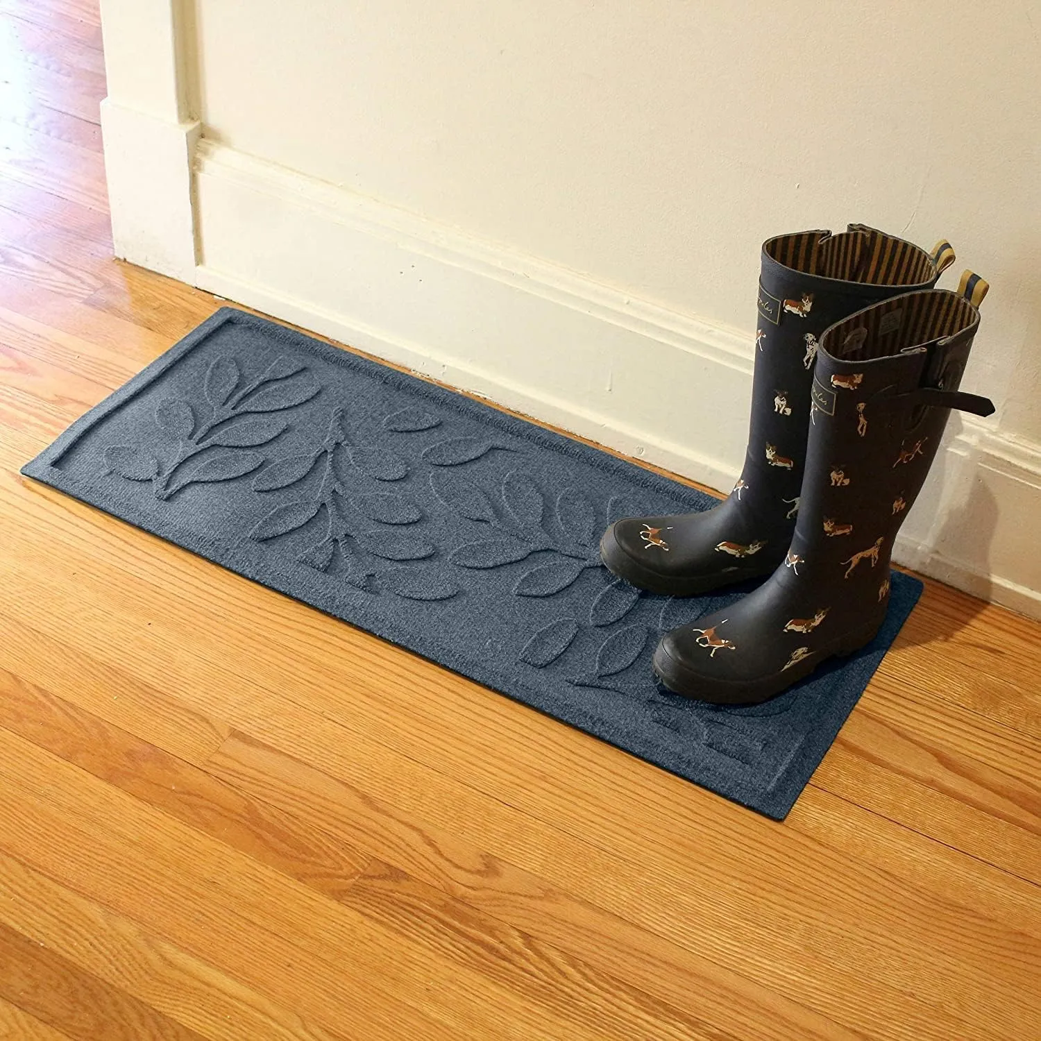 Bungalow Flooring Waterhog Indoor/Outdoor Boot Tray, 15 by 36 inches, Made in USA, Skid Resistant, Easy to Clean, Catches Water and Debris, Brittney Leaf Pattern, Bluestone