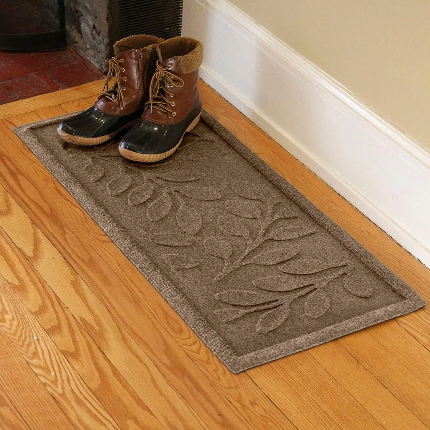 Bungalow Flooring Waterhog Indoor/Outdoor Boot Tray, 15 by 36 inches, Made in USA, Skid Resistant, Easy to Clean, Catches Water and Debris, Brittney Leaf Pattern, Camel
