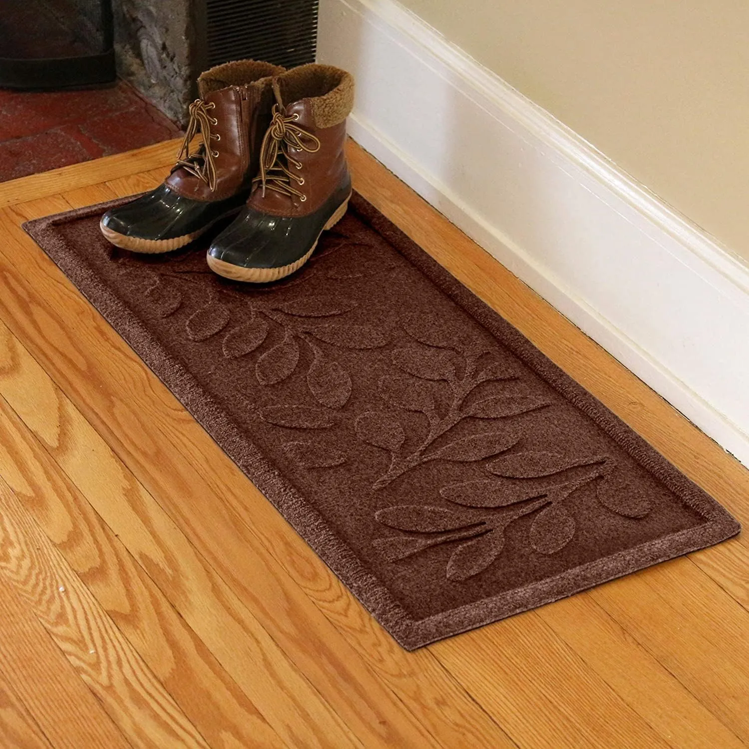 Bungalow Flooring Waterhog Indoor/Outdoor Boot Tray, 15 by 36 inches, Made in USA, Skid Resistant, Easy to Clean, Catches Water and Debris, Brittney Leaf Pattern, Dark Brown