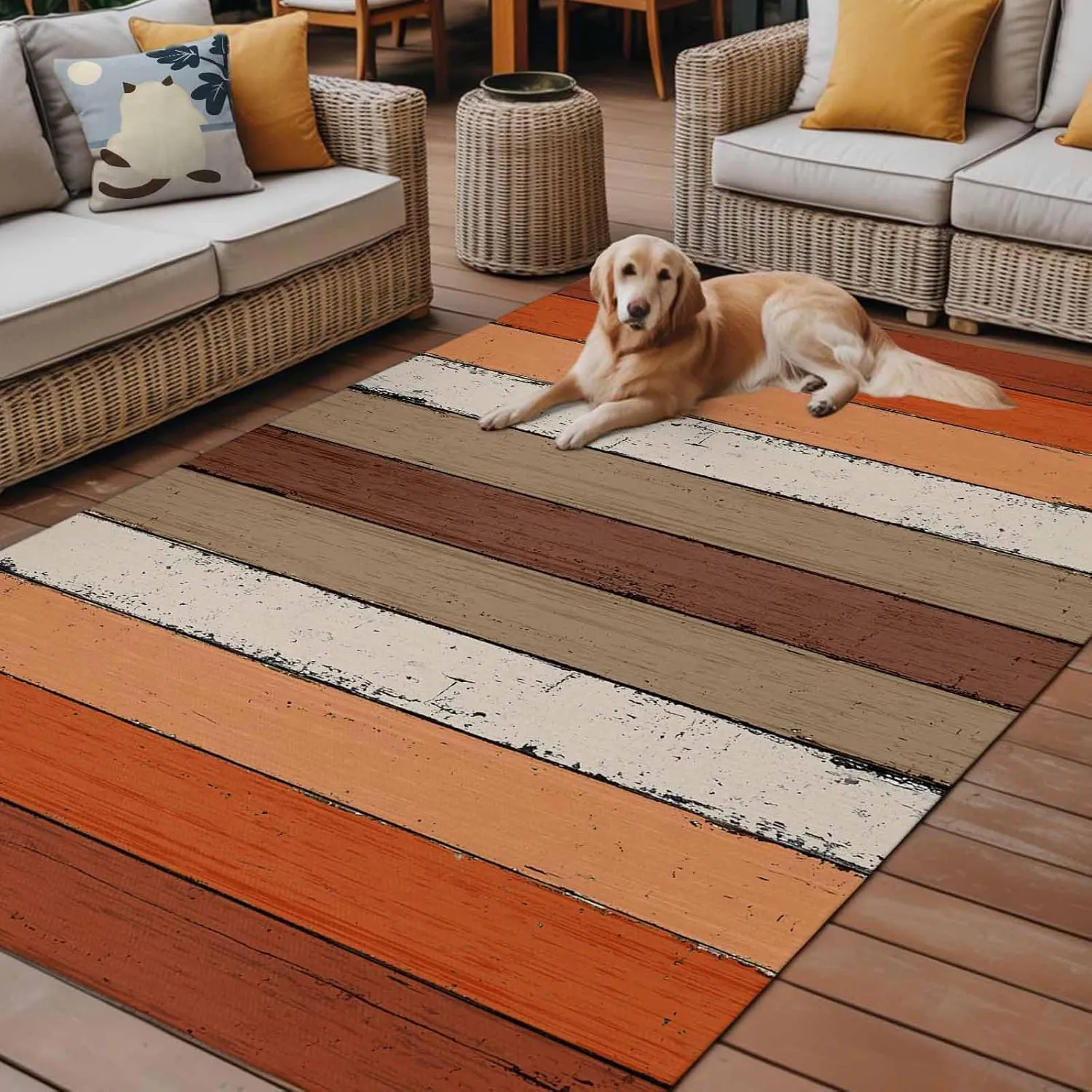 Burnt Orange Outdoor Rug 5x8ft Large Patio Rug,Washable RV Camping Outside Area Runner Rug Mat,Farmhouse Wood Grain Brown Vertical Striped Carpet for Picnic Backyard Deck Porch Balcony Beach & Indoor