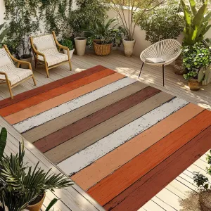Burnt Orange Outdoor Rug 5x8ft Large Patio Rug,Washable RV Camping Outside Area Runner Rug Mat,Farmhouse Wood Grain Brown Vertical Striped Carpet for Picnic Backyard Deck Porch Balcony Beach & Indoor