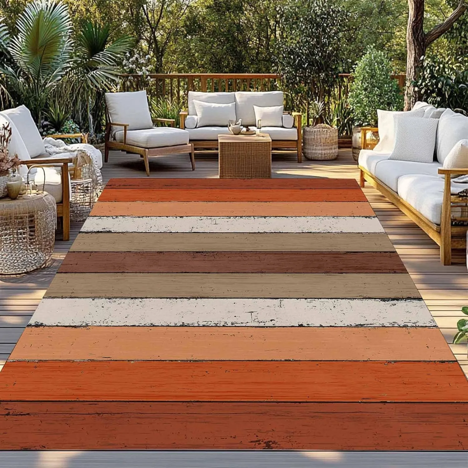 Burnt Orange Outdoor Rug 5x8ft Large Patio Rug,Washable RV Camping Outside Area Runner Rug Mat,Farmhouse Wood Grain Brown Vertical Striped Carpet for Picnic Backyard Deck Porch Balcony Beach & Indoor