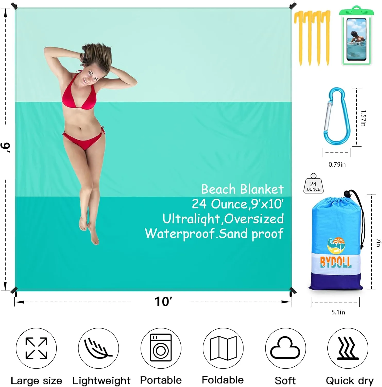 BYDOLL Beach Blanket 78''X81'' 4-7 Adults Oversized Lightweight Waterproof Sandproof Blanket for Beach Large Picnic Mat Travel Camping