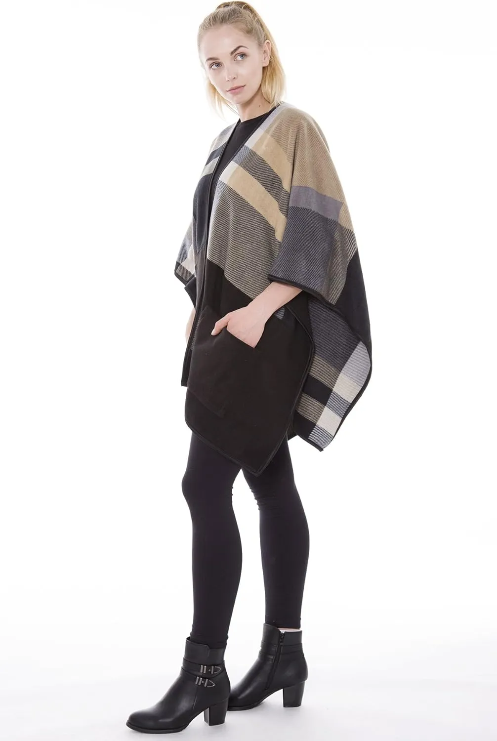 BYOS Women’s Winter Stylish Oversized Solid Plaid Fleece Poncho Blanket Wrap Cape