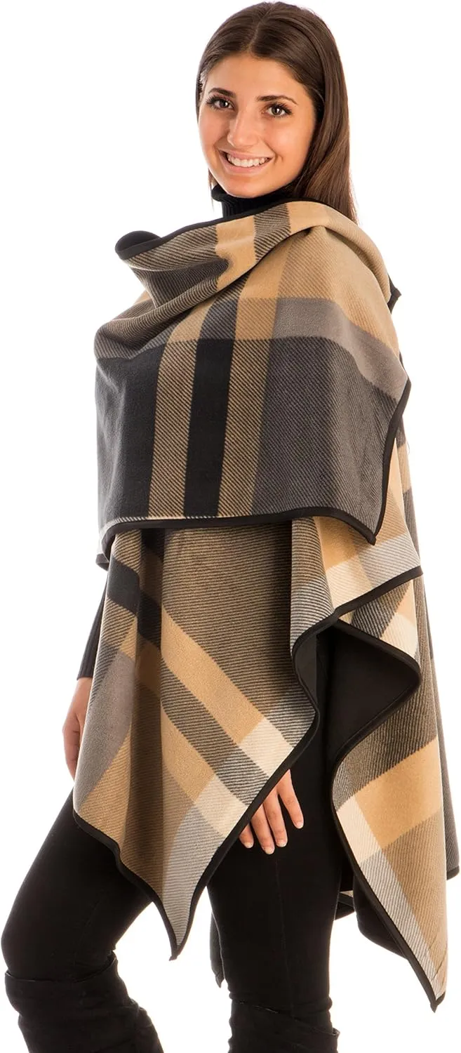 BYOS Women’s Winter Stylish Oversized Solid Plaid Fleece Poncho Blanket Wrap Cape