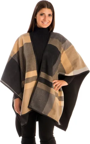 BYOS Women’s Winter Stylish Oversized Solid Plaid Fleece Poncho Blanket Wrap Cape