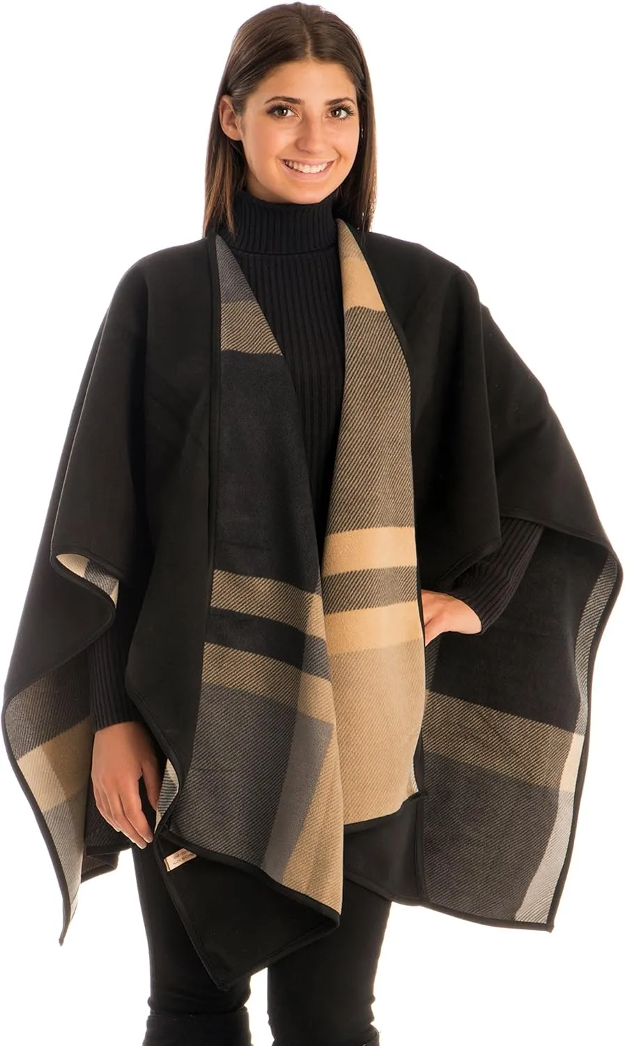 BYOS Women’s Winter Stylish Oversized Solid Plaid Fleece Poncho Blanket Wrap Cape