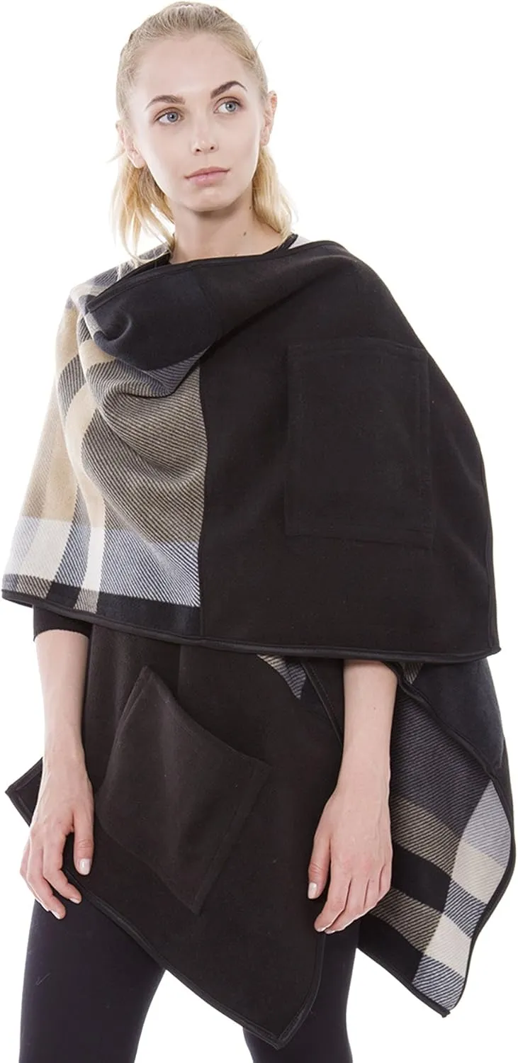 BYOS Women’s Winter Stylish Oversized Solid Plaid Fleece Poncho Blanket Wrap Cape