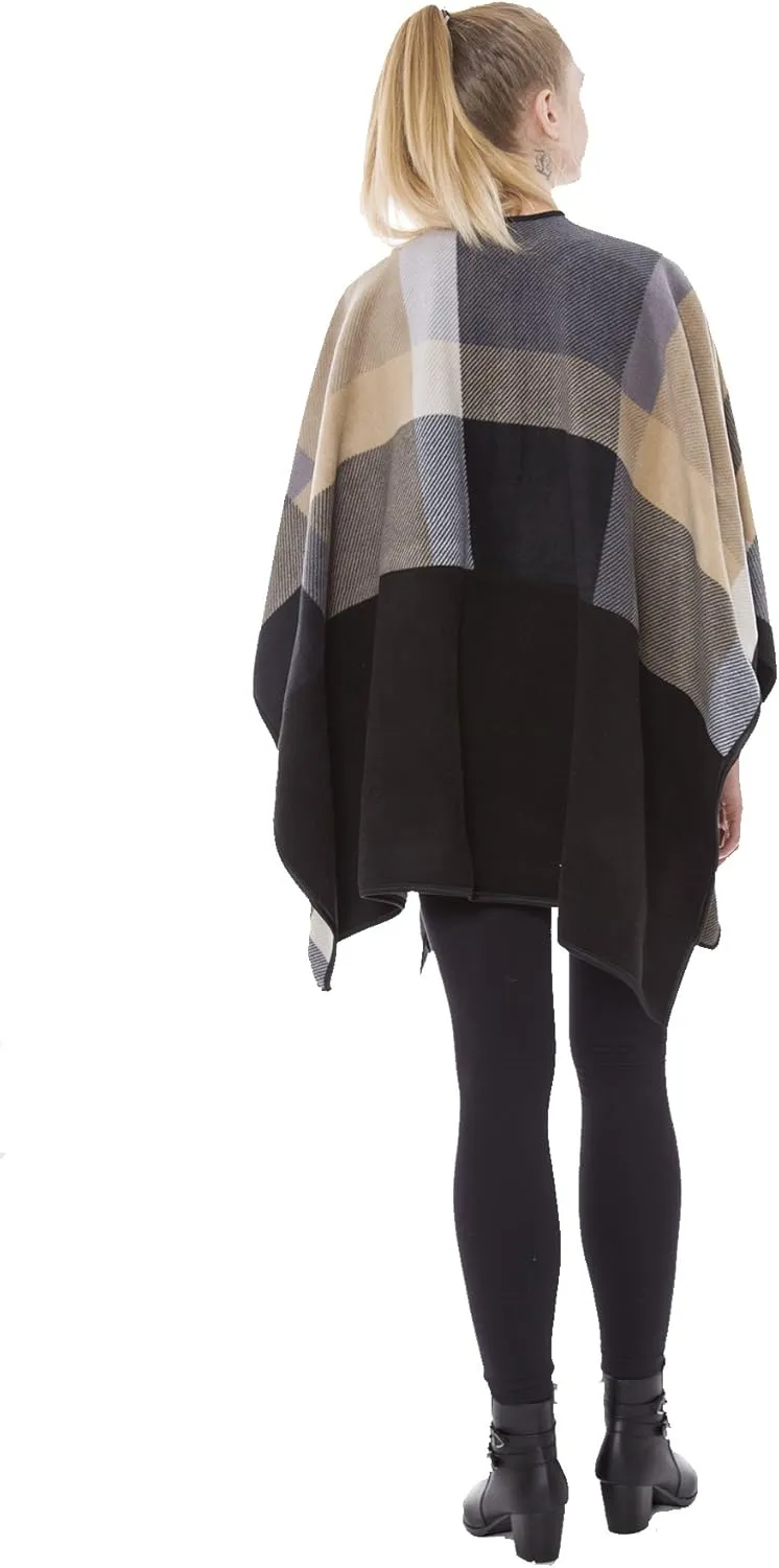 BYOS Women’s Winter Stylish Oversized Solid Plaid Fleece Poncho Blanket Wrap Cape