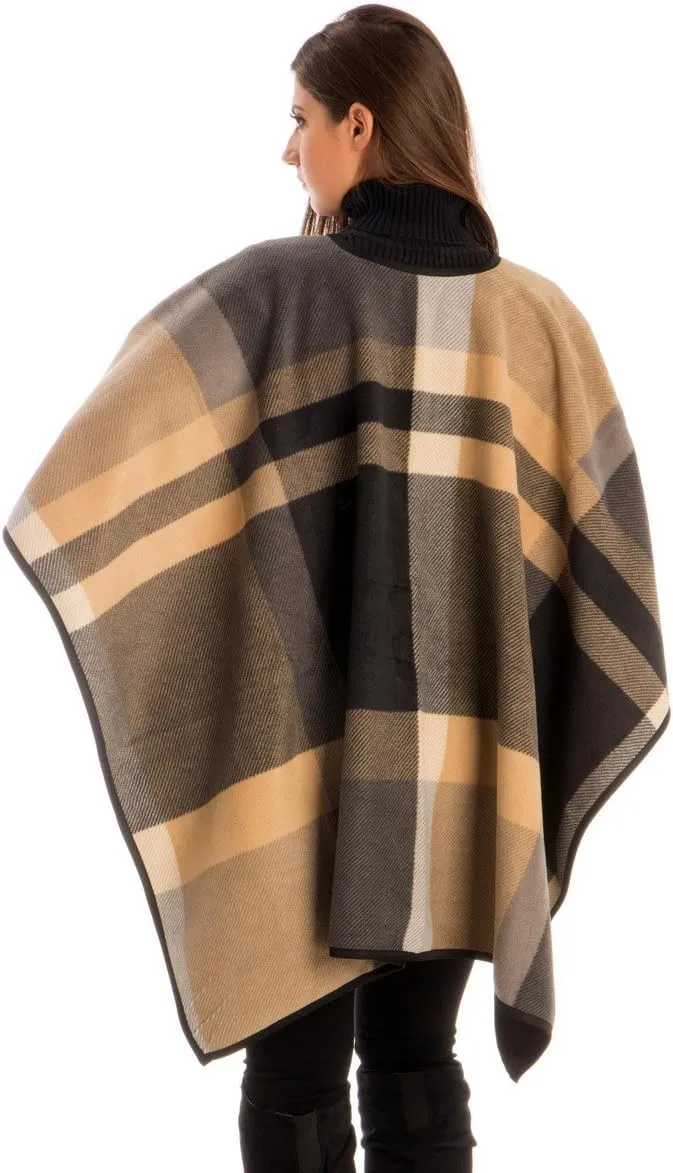 BYOS Women’s Winter Stylish Oversized Solid Plaid Fleece Poncho Blanket Wrap Cape