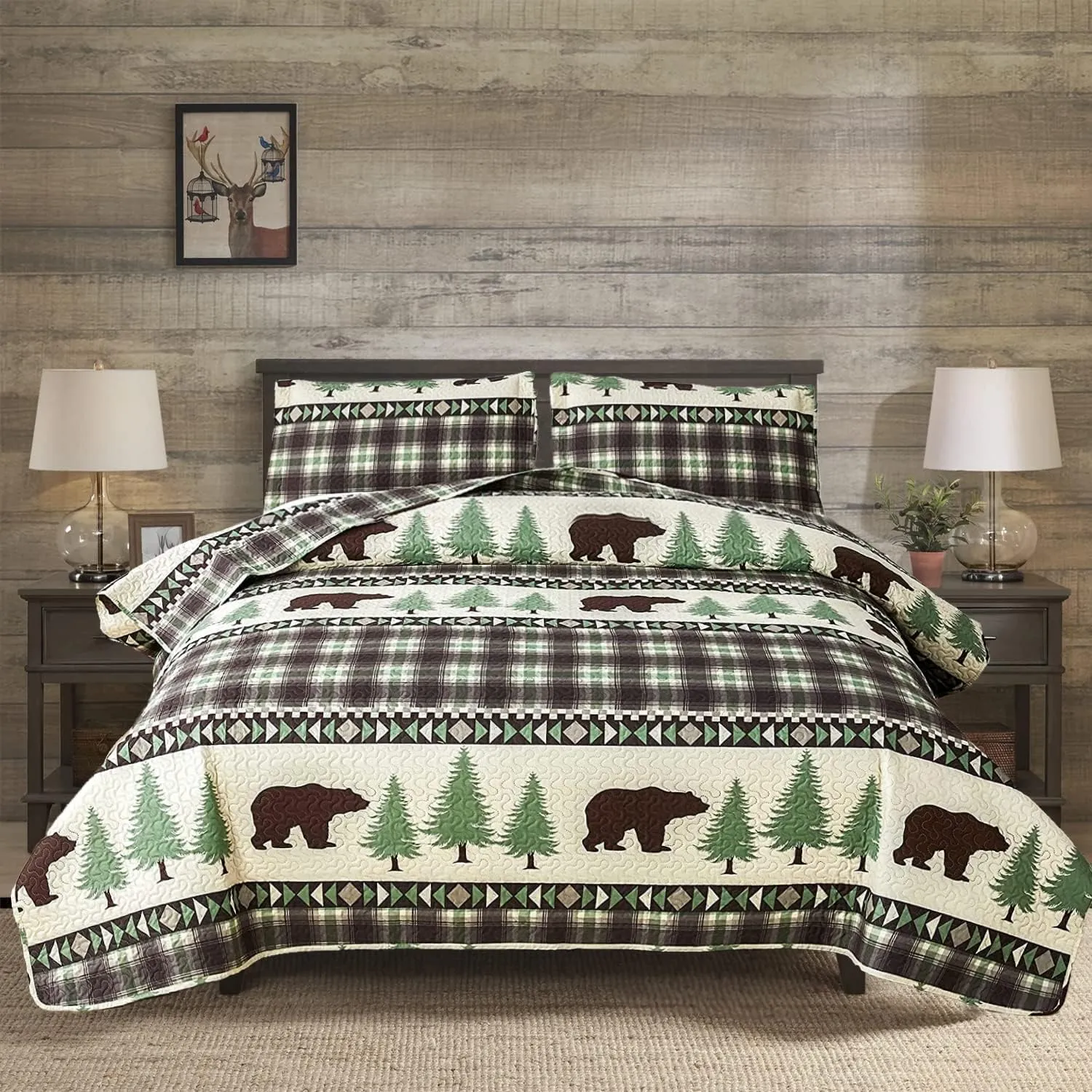 Cabin Bear Quilts Set Twin Size, Lightweight Plaid Bedspread Coverlet Rustic Lodge Bedding Forest Tree Bed Sheet with Pillswshams (Beige Brown, Twin)