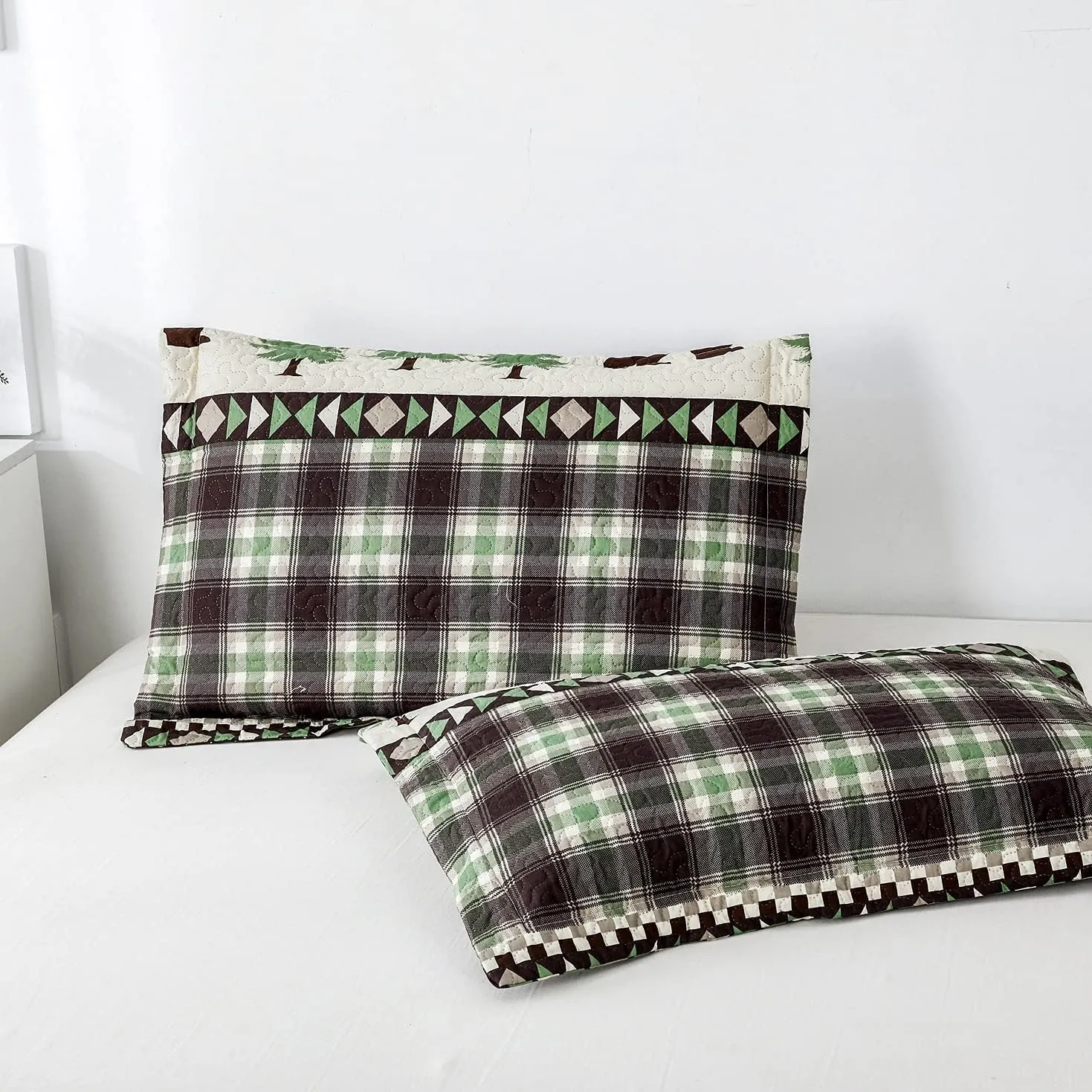 Cabin Bear Quilts Set Twin Size, Lightweight Plaid Bedspread Coverlet Rustic Lodge Bedding Forest Tree Bed Sheet with Pillswshams (Beige Brown, Twin)