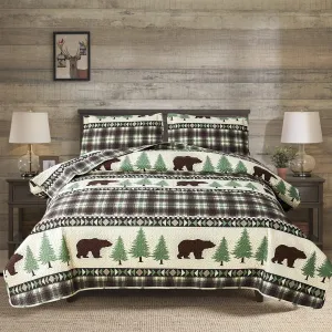 Cabin Bear Quilts Set Twin Size, Lightweight Plaid Bedspread Coverlet Rustic Lodge Bedding Forest Tree Bed Sheet with Pillswshams (Beige Brown, Twin)