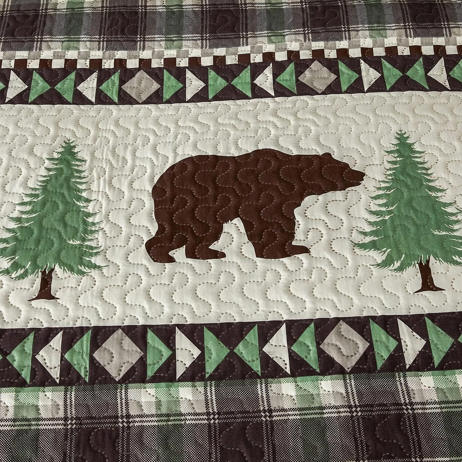 Cabin Bear Quilts Set Twin Size, Lightweight Plaid Bedspread Coverlet Rustic Lodge Bedding Forest Tree Bed Sheet with Pillswshams (Beige Brown, Twin)