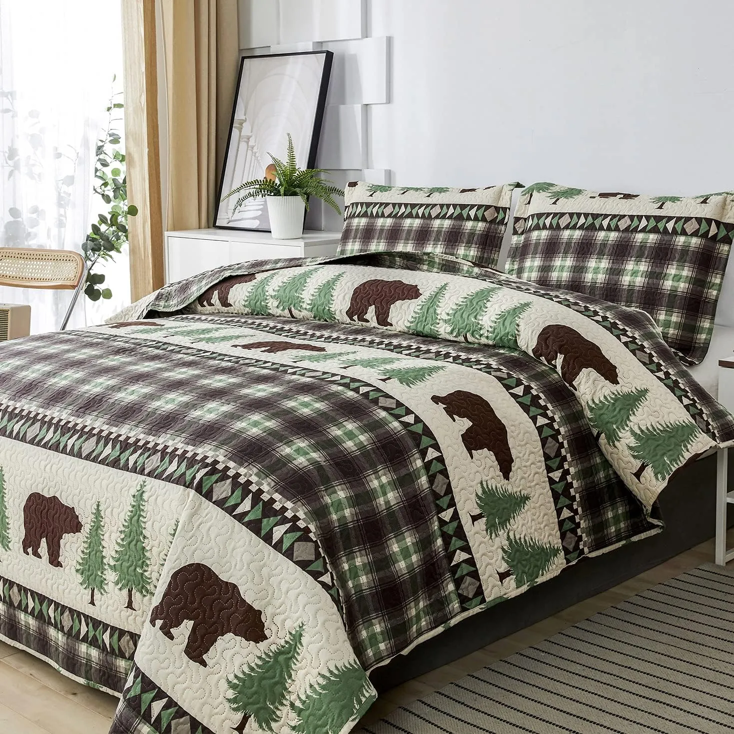 Cabin Bear Quilts Set Twin Size, Lightweight Plaid Bedspread Coverlet Rustic Lodge Bedding Forest Tree Bed Sheet with Pillswshams (Beige Brown, Twin)