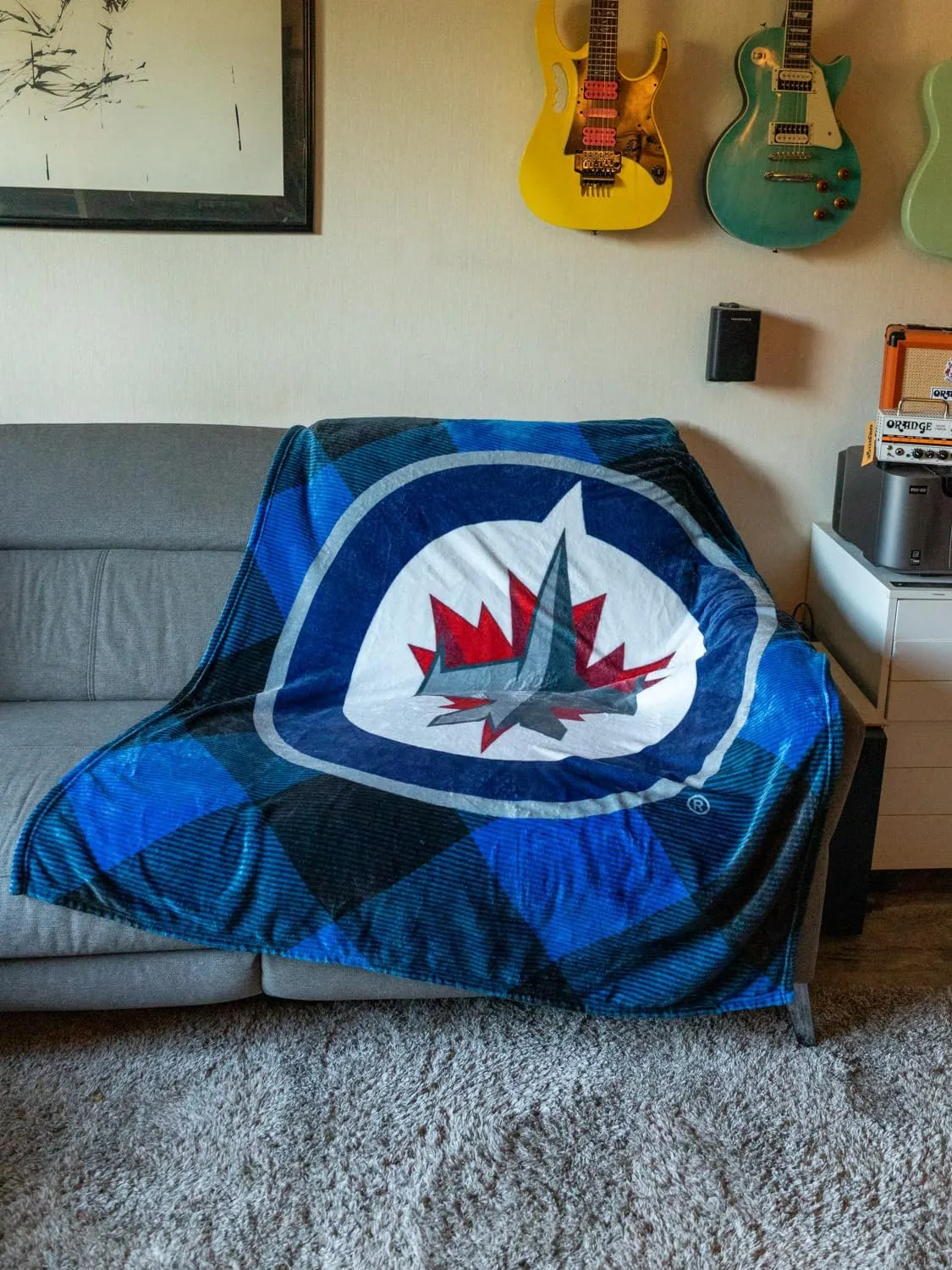 Calhoun NHL Surf & Skate Team Logo Plush Flannel Plaid Throw Blanket (50" by 60") (Winnipeg Jets)