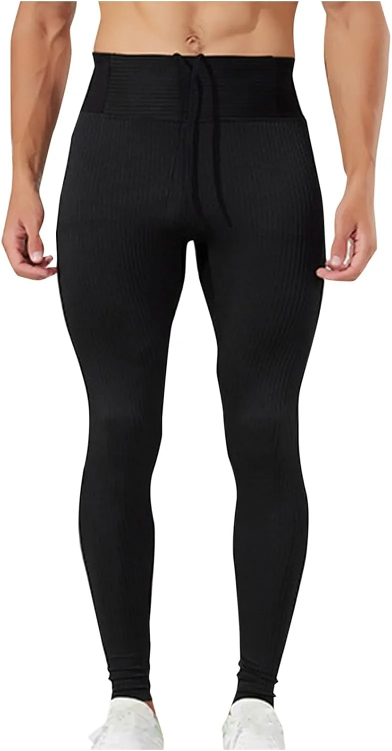 Cambkatl Men's Compression Leggings， Double-Layer High Waisted Sports Yoga Pants Fashion Cycling Running Tights