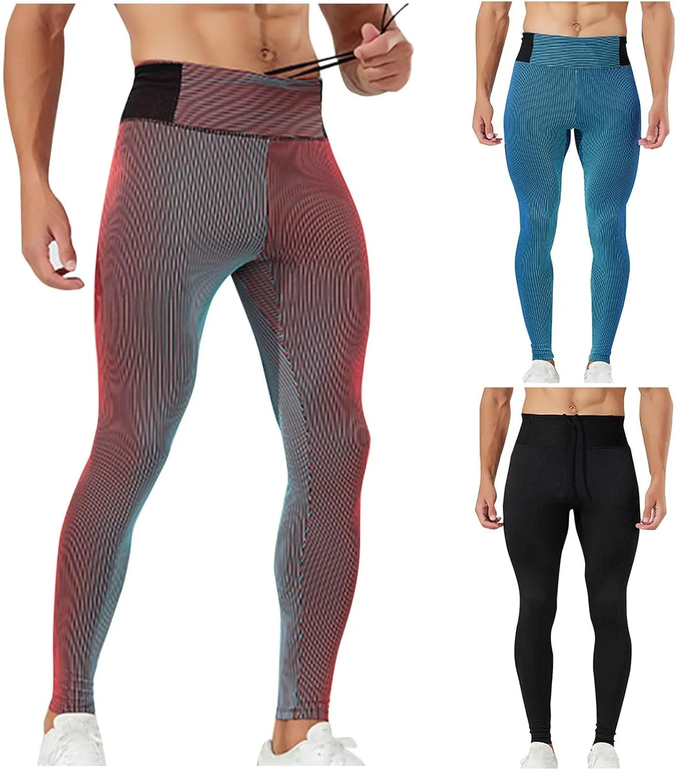 Cambkatl Men's Compression Leggings， Double-Layer High Waisted Sports Yoga Pants Fashion Cycling Running Tights